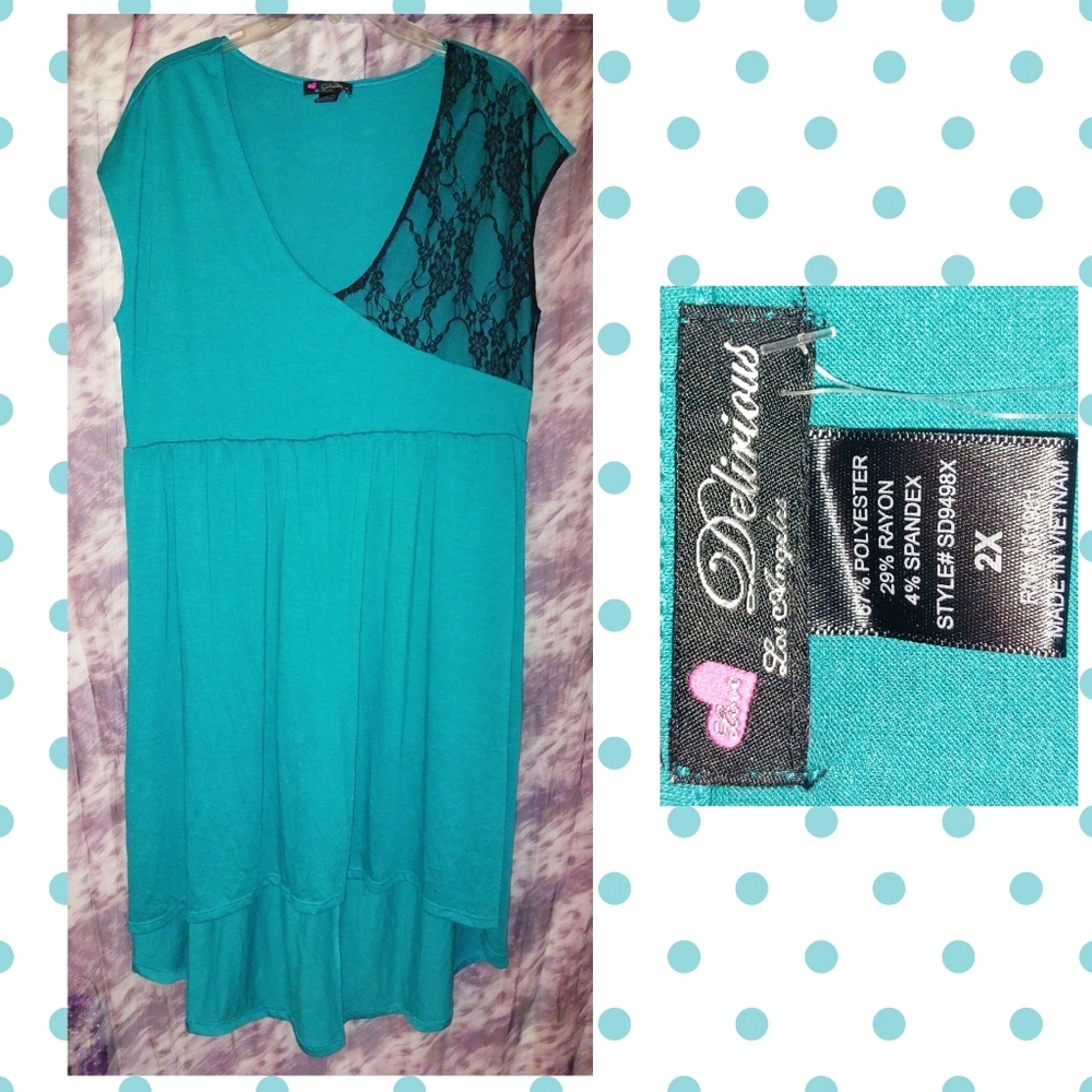 Delirious Teal Green w/Blk Lace Colorblock Hi-Lo Soft Knit Dress Jrs Plus Sz 2X